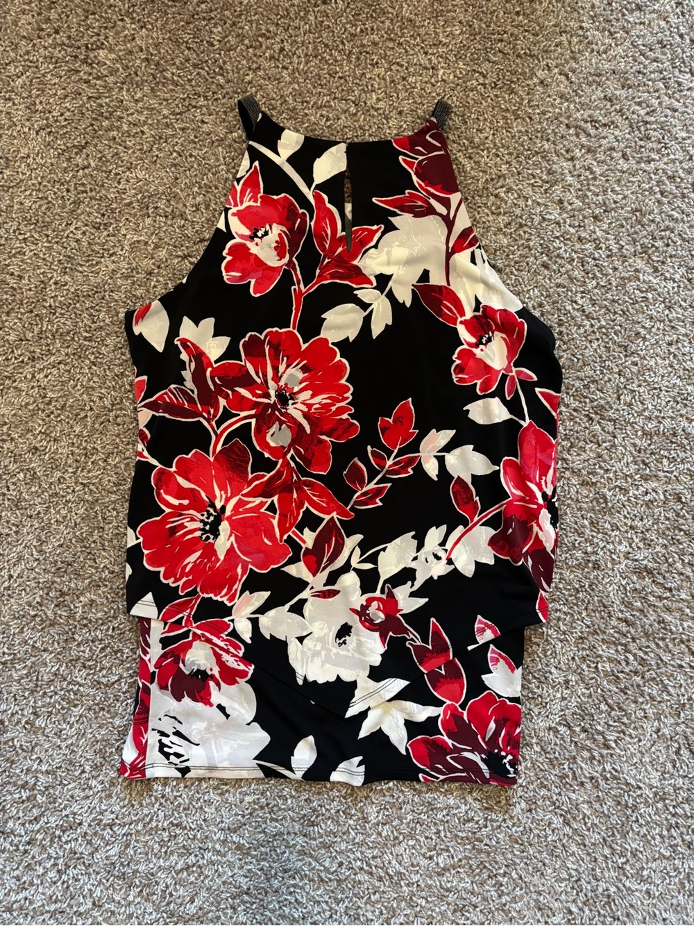 White House Black Market Black Floral Halter Camisole with Red & White Blooms - Picture 6 of 8